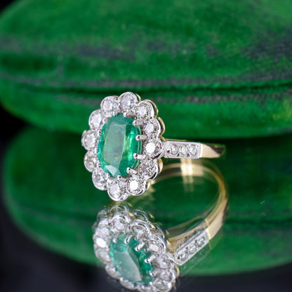 Emerald and Diamond Oval Cluster Halo 18ct Yellow Gold and Platinum Ring | Antique Style