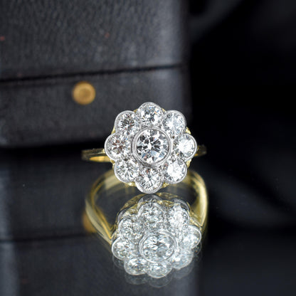 1.70ct Diamond Daisy Cluster Halo 18ct Yellow Gold and Platinum Ring | Antique Style