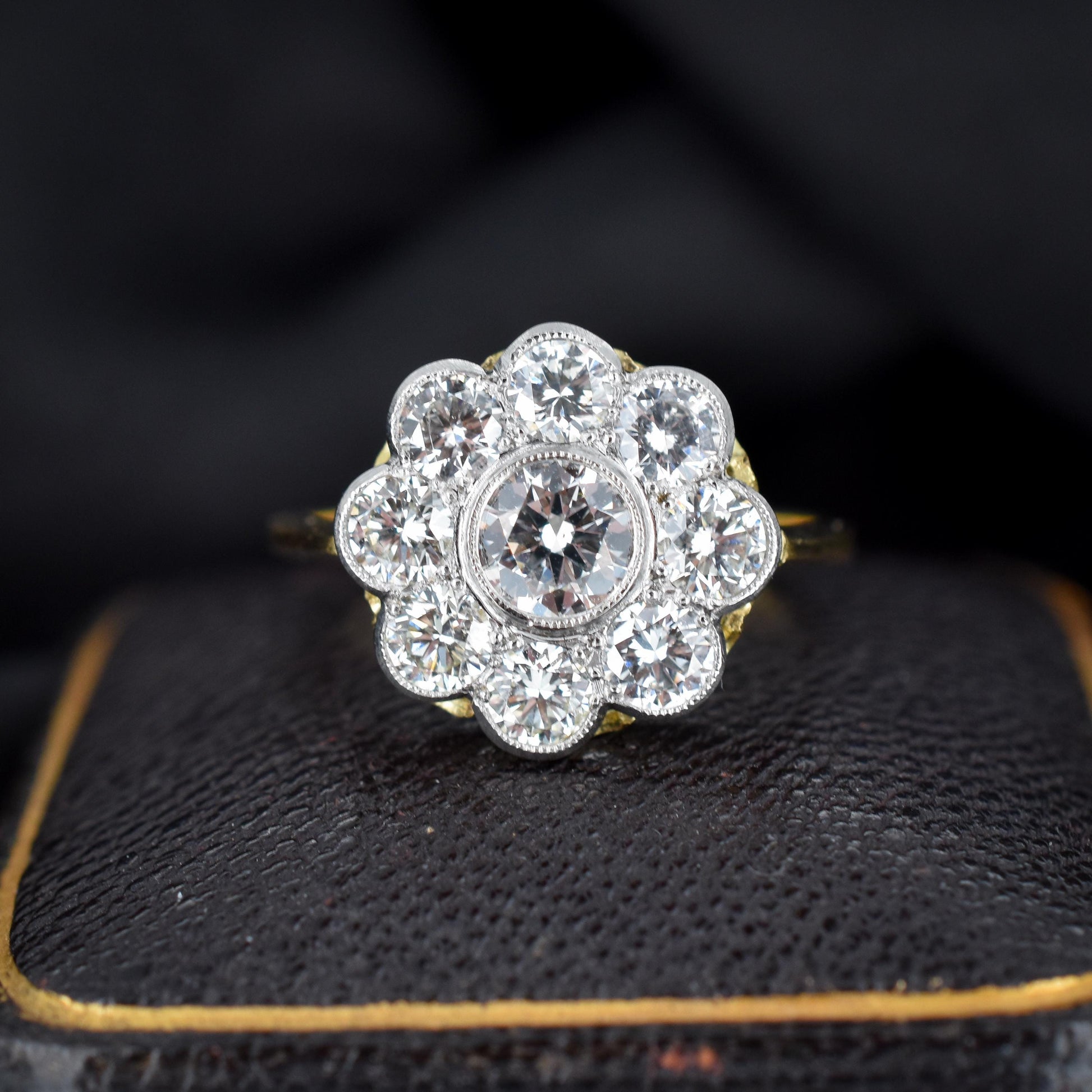 1.70ct Diamond Daisy Cluster Halo 18ct Yellow Gold and Platinum Ring | Antique Style