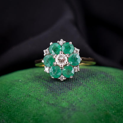 Vintage Emerald and Diamond Flower Cluster 18ct Gold Ring