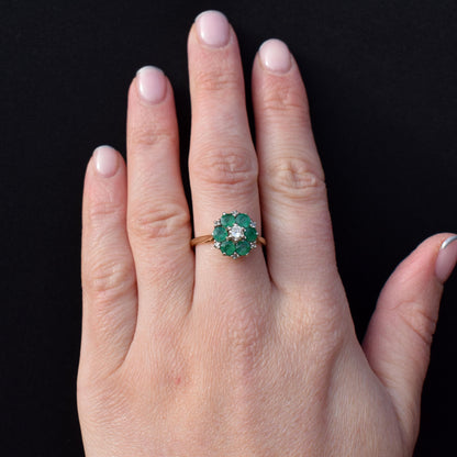 Vintage Emerald and Diamond Flower Cluster 18ct Gold Ring