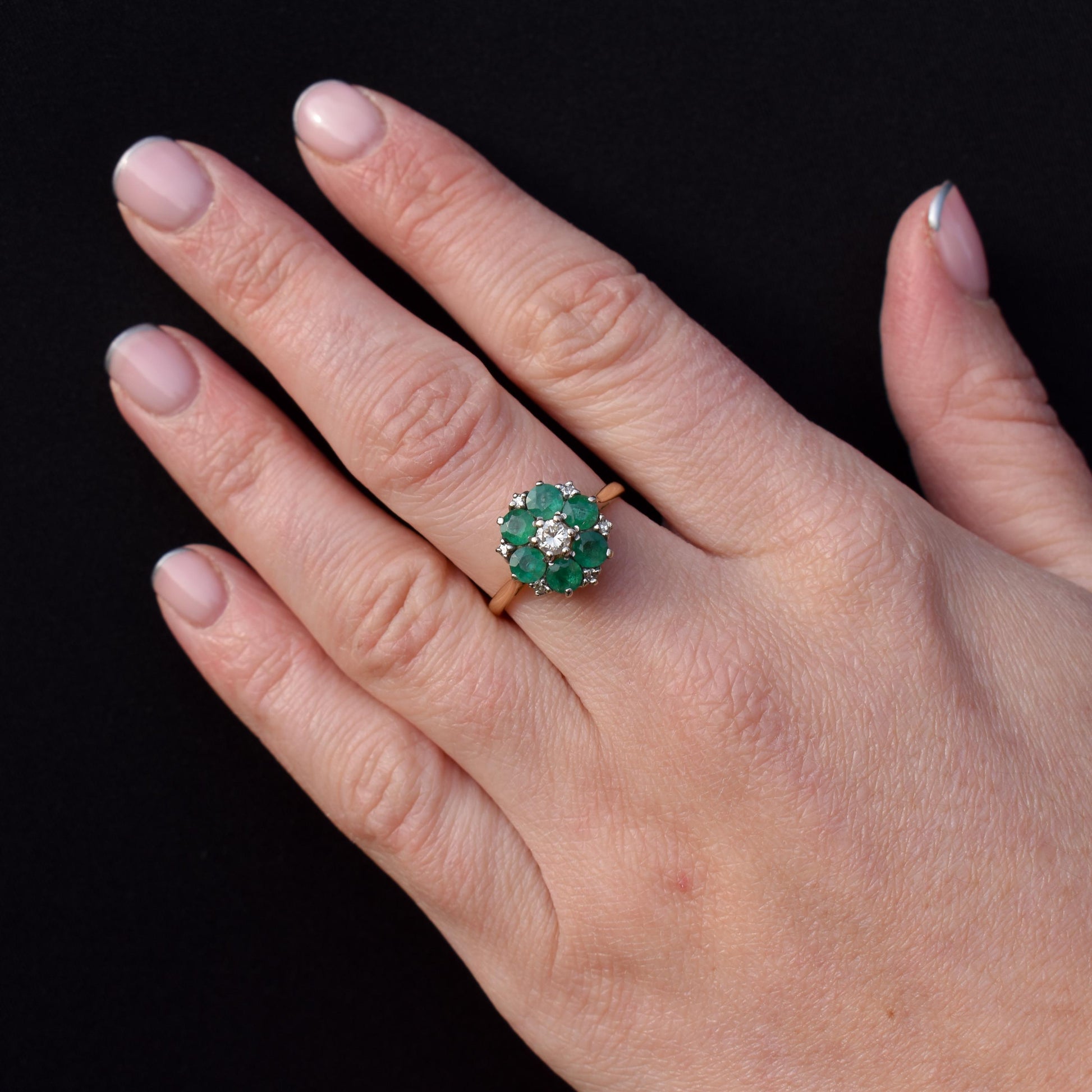 Vintage Emerald and Diamond Flower Cluster 18ct Gold Ring