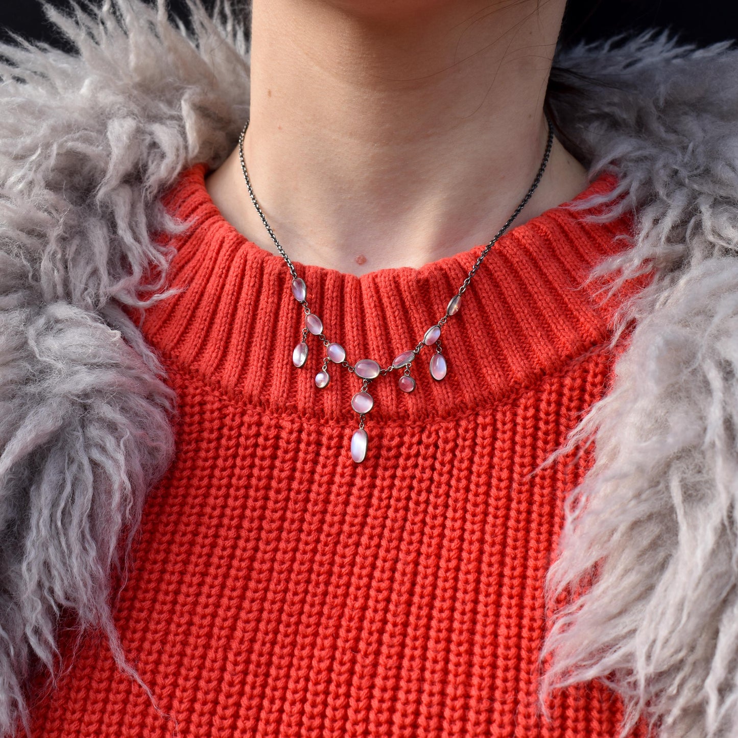 Antique Moonstone Silver Drop Fringe Festoon Necklace | Edwardian