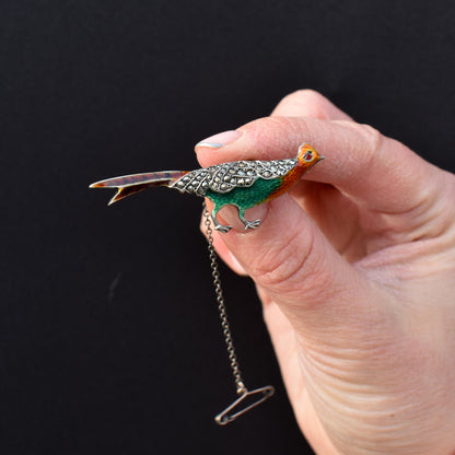 Art Deco Pheasant Bird Enamel and Marcasite Silver Brooch Pin | Vintage