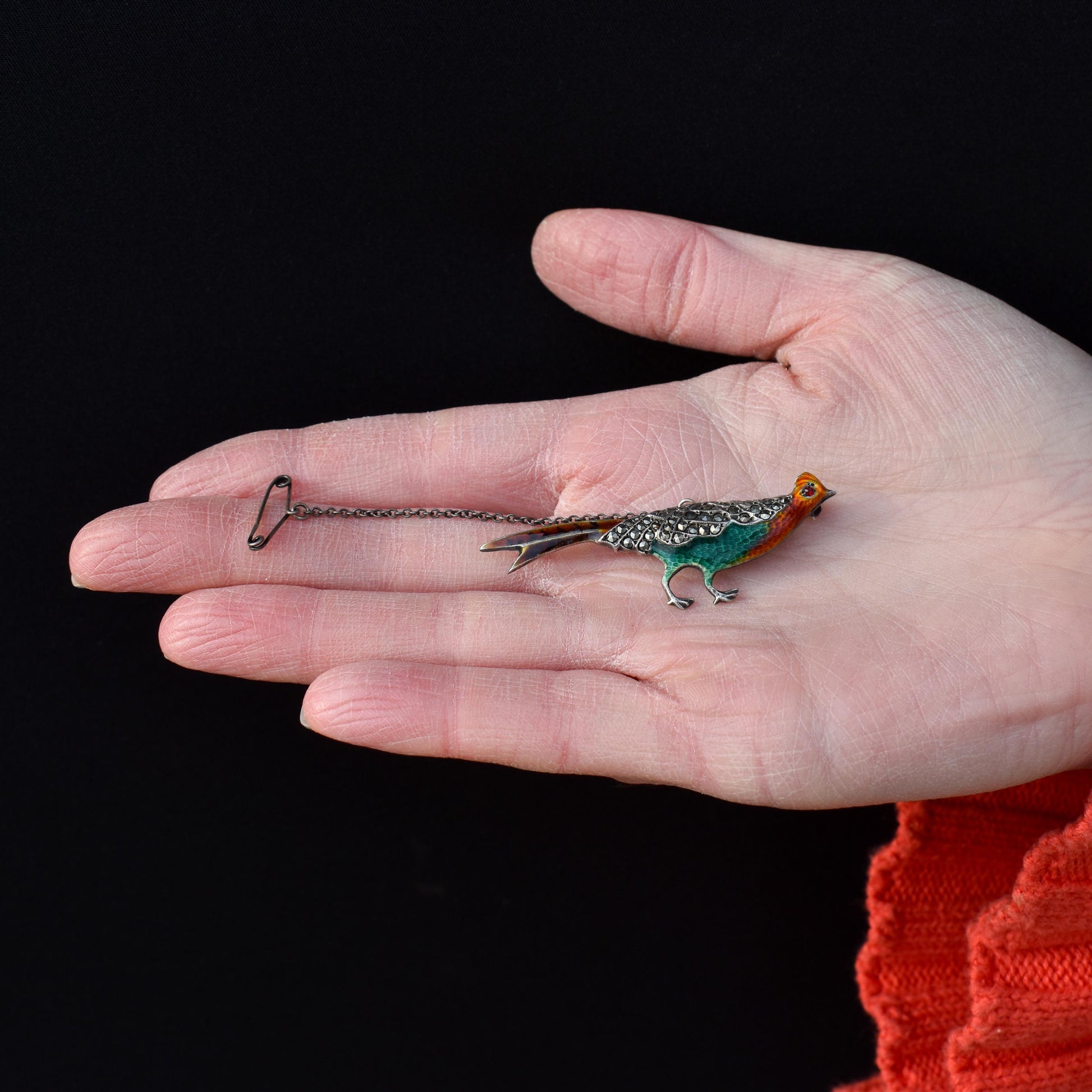 Art Deco Pheasant Bird Enamel and Marcasite Silver Brooch Pin | Vintage