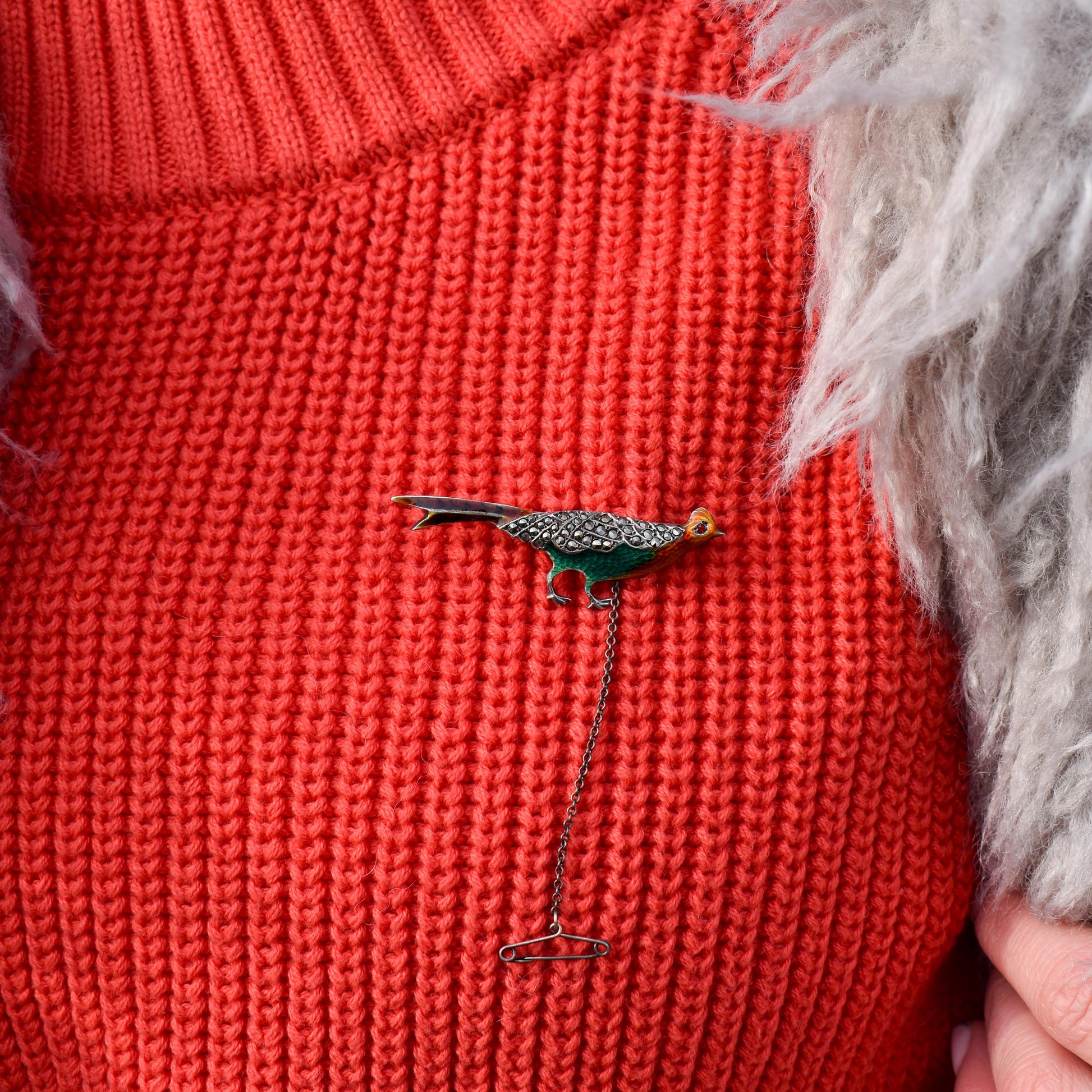 Art Deco Pheasant Bird Enamel and Marcasite Silver Brooch Pin | Vintage