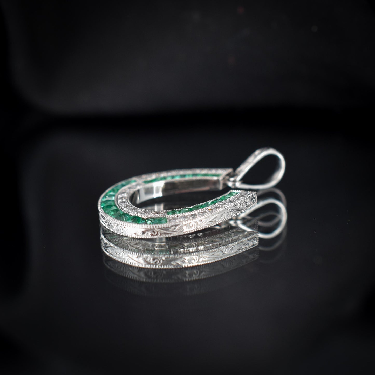 Emerald and Diamond Double Row Horseshoe Platinum Charm Pendant