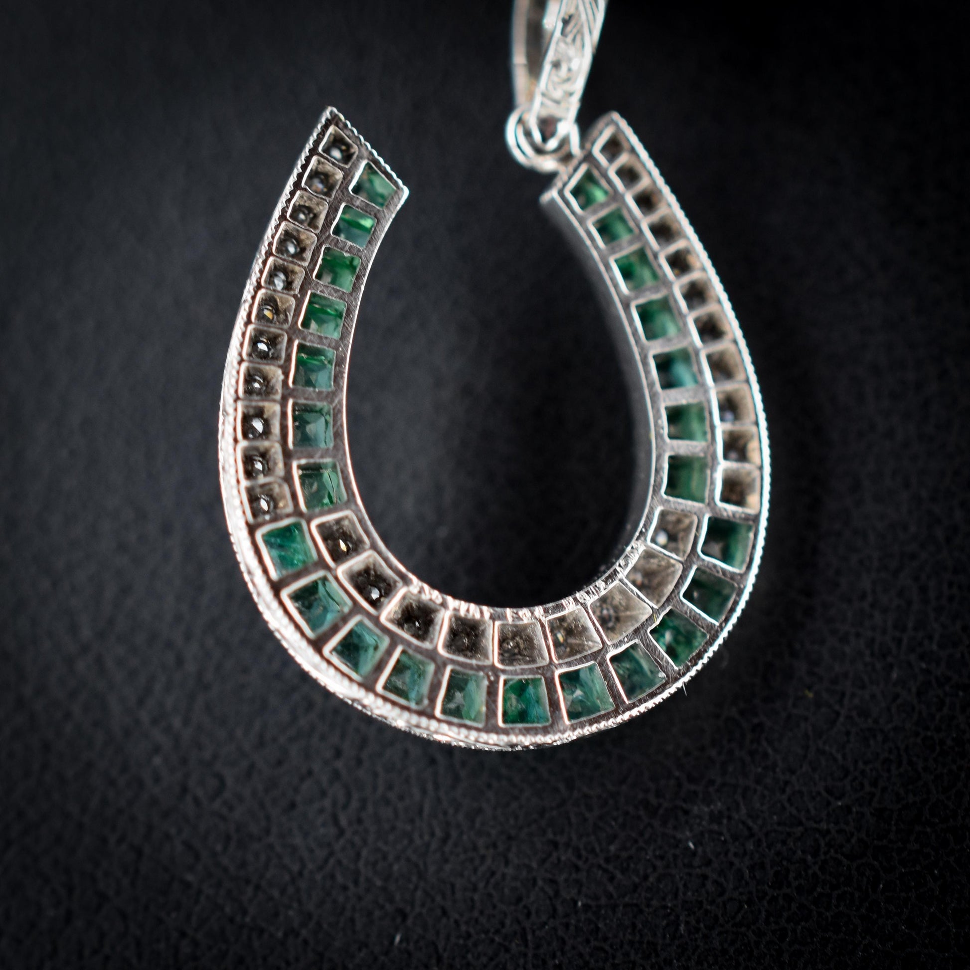 Emerald and Diamond Double Row Horseshoe Platinum Charm Pendant