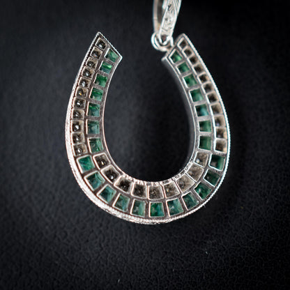 Emerald and Diamond Double Row Horseshoe Platinum Charm Pendant