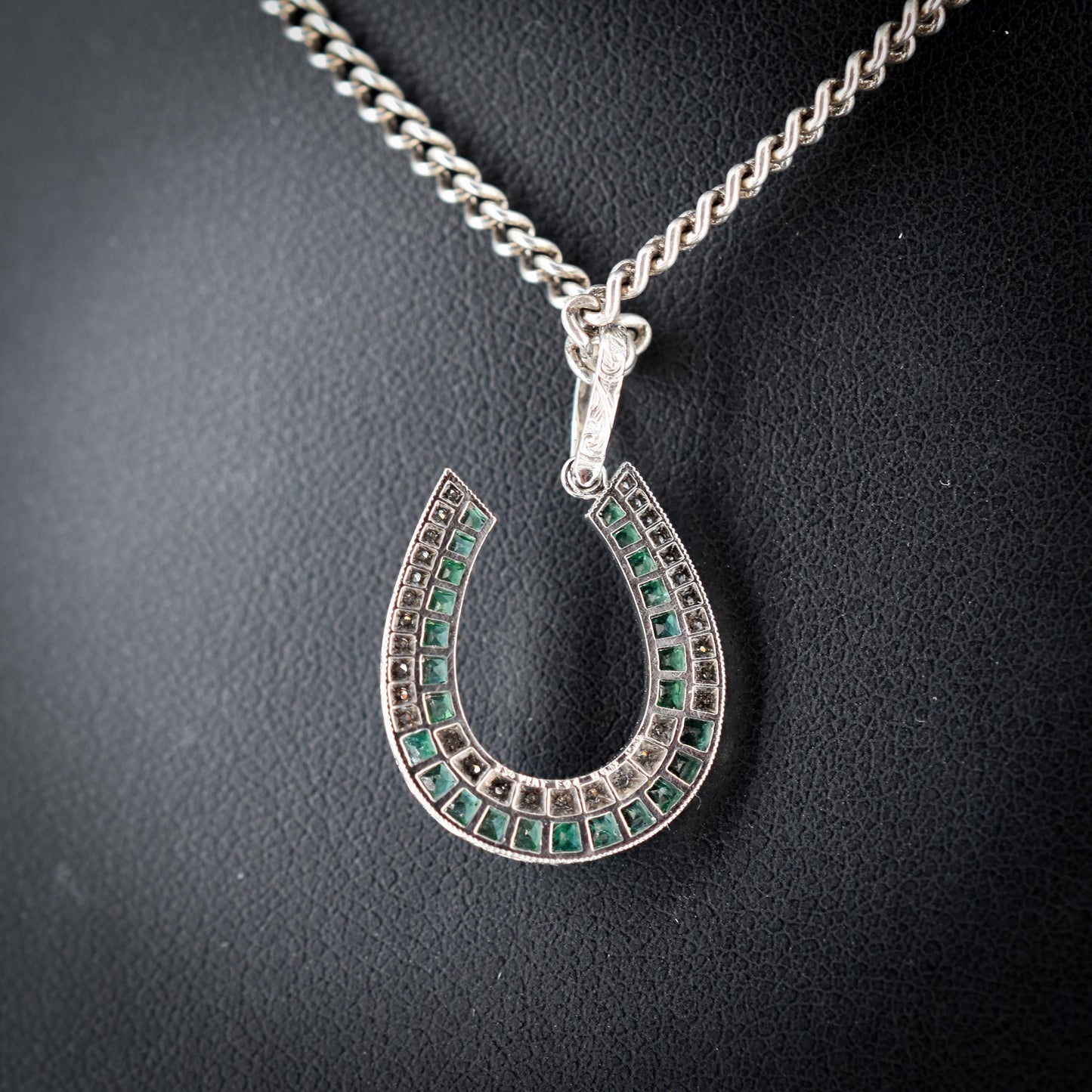 Emerald and Diamond Double Row Horseshoe Platinum Charm Pendant