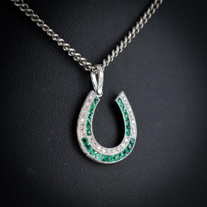 Emerald and Diamond Double Row Horseshoe Platinum Charm Pendant