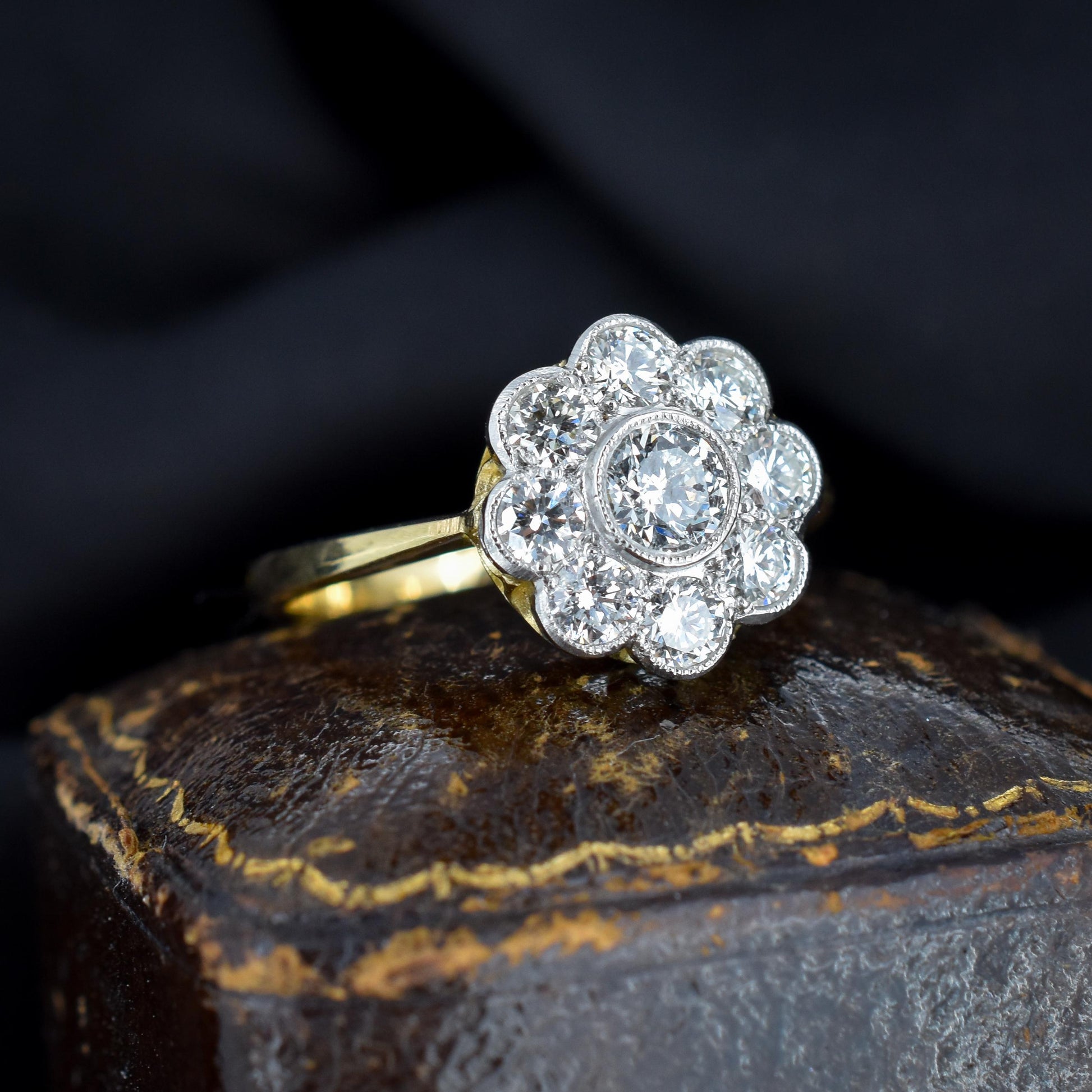 1.05ct Diamond Daisy Cluster Halo 18ct Yellow Gold and Platinum Ring | Antique Style