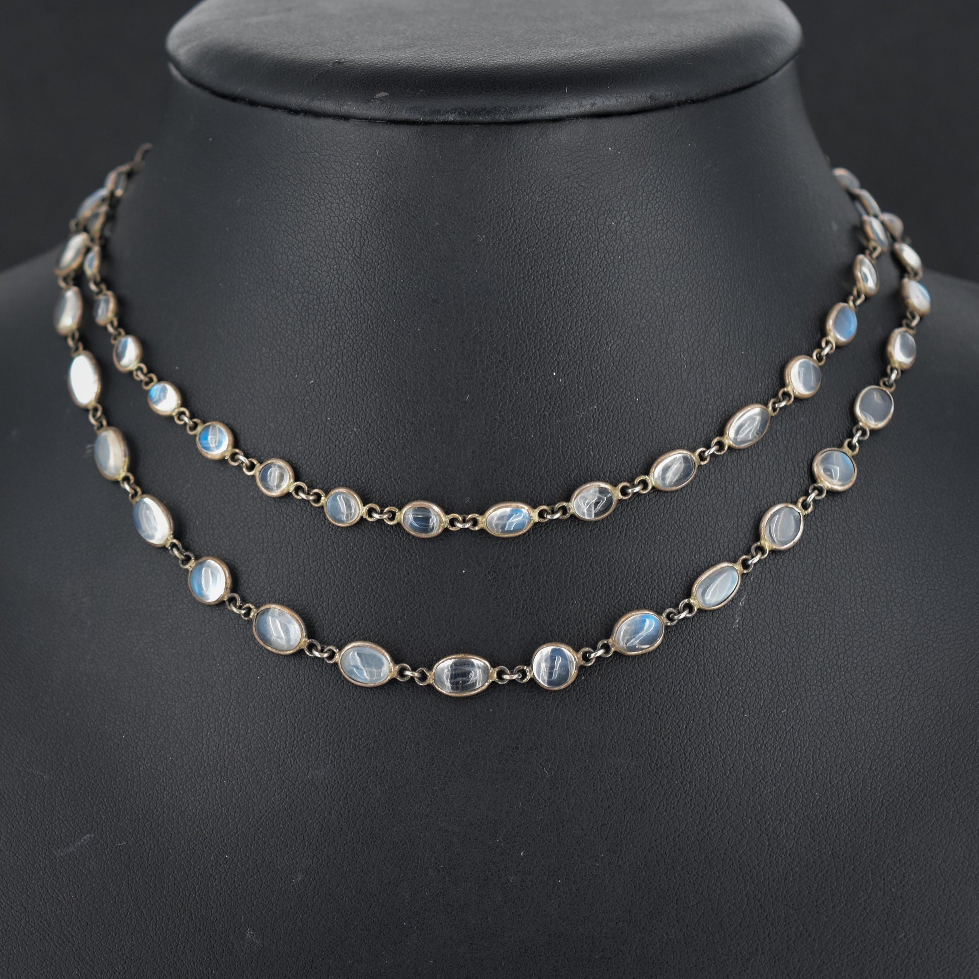 Antique Moonstone Silver 28" Long Chain Necklace | Edwardian