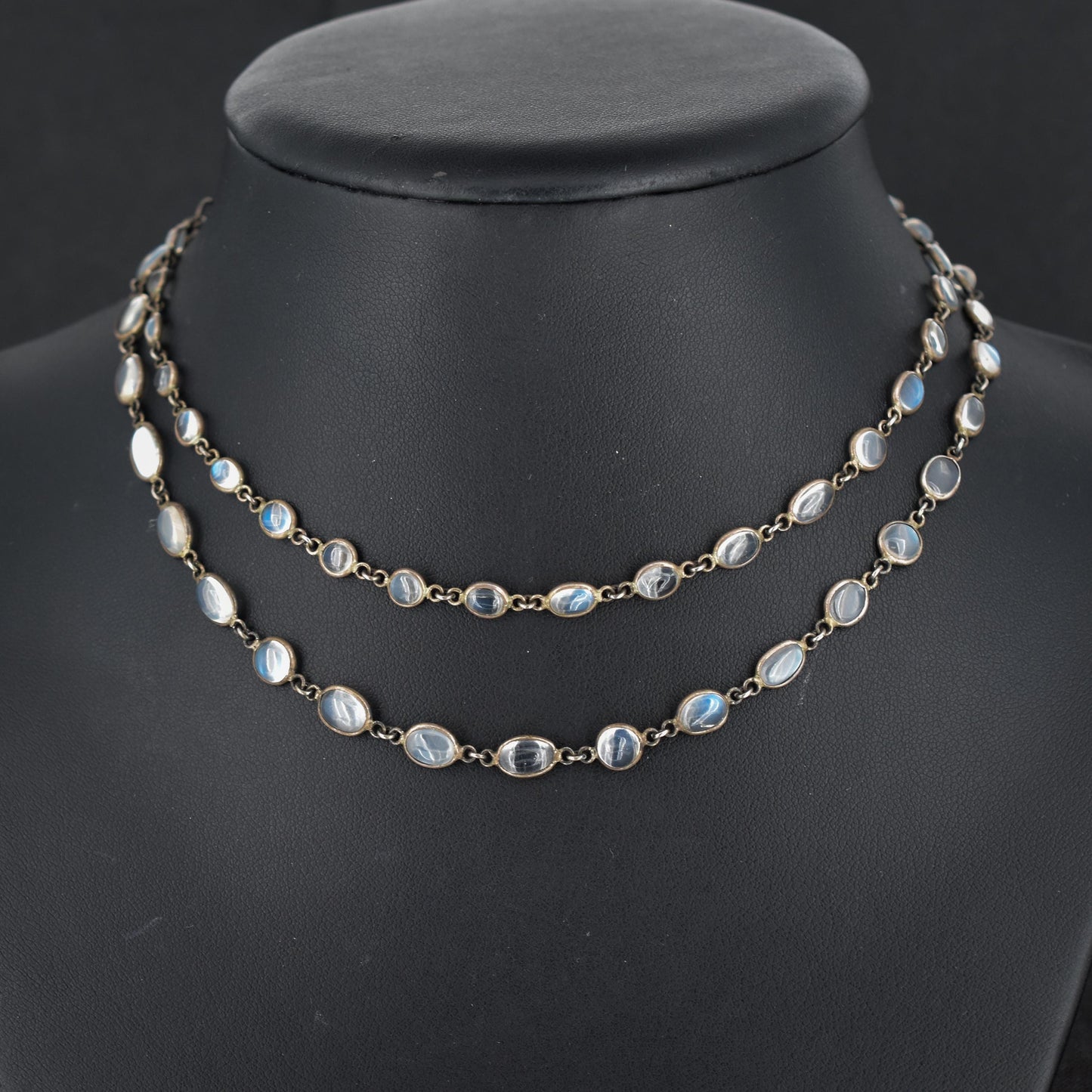 Antique Moonstone Silver 28" Long Chain Necklace | Edwardian