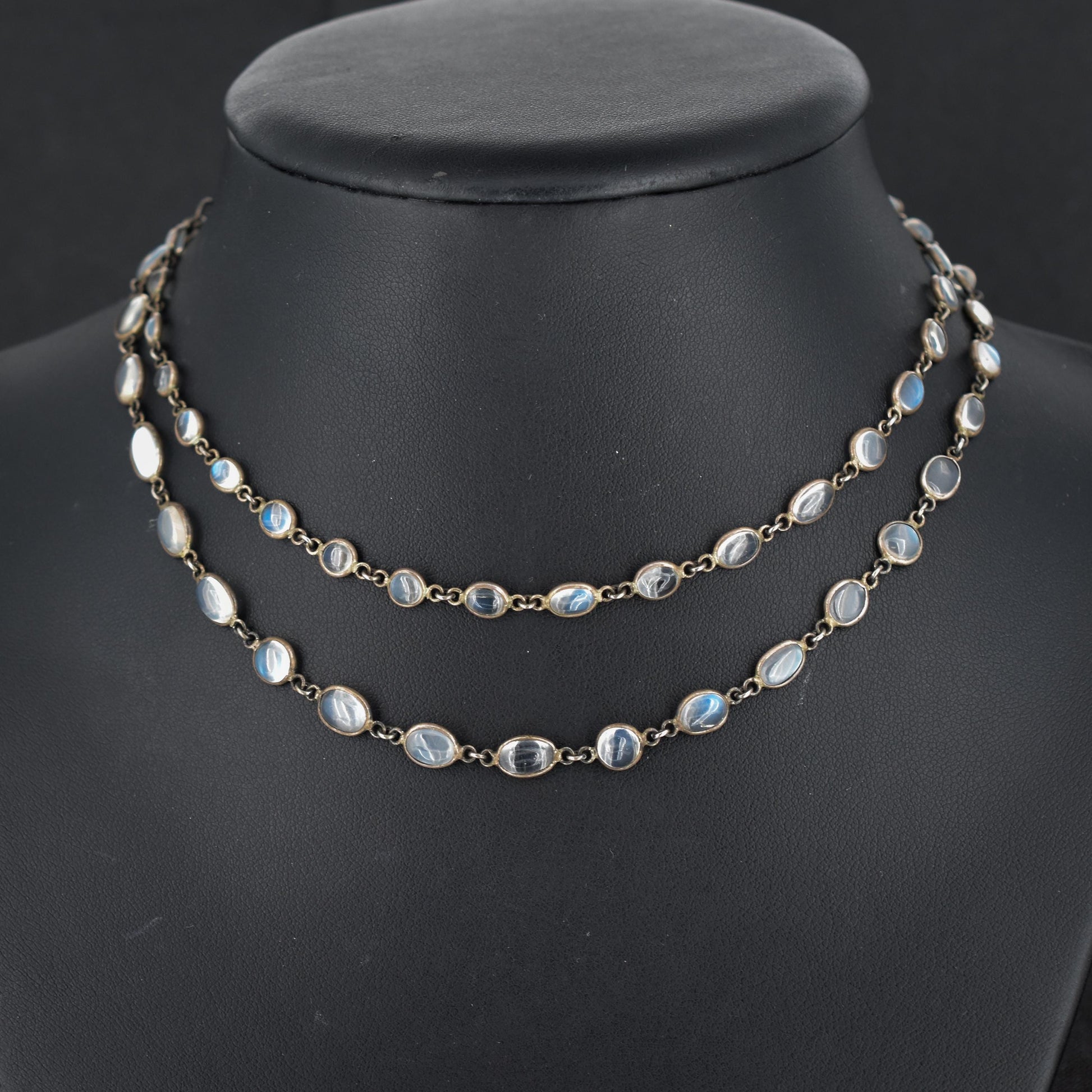 Antique Moonstone Silver 28" Long Chain Necklace | Edwardian