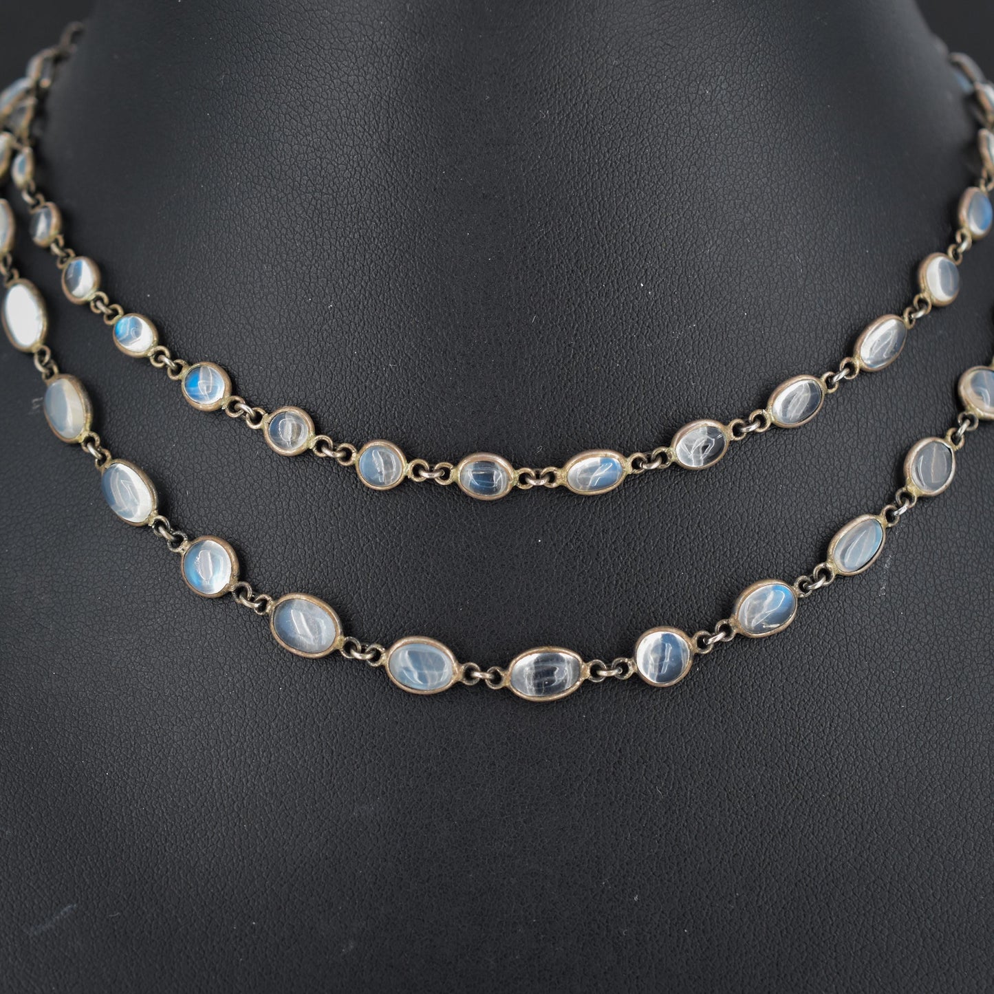 Antique Moonstone Silver 28" Long Chain Necklace | Edwardian