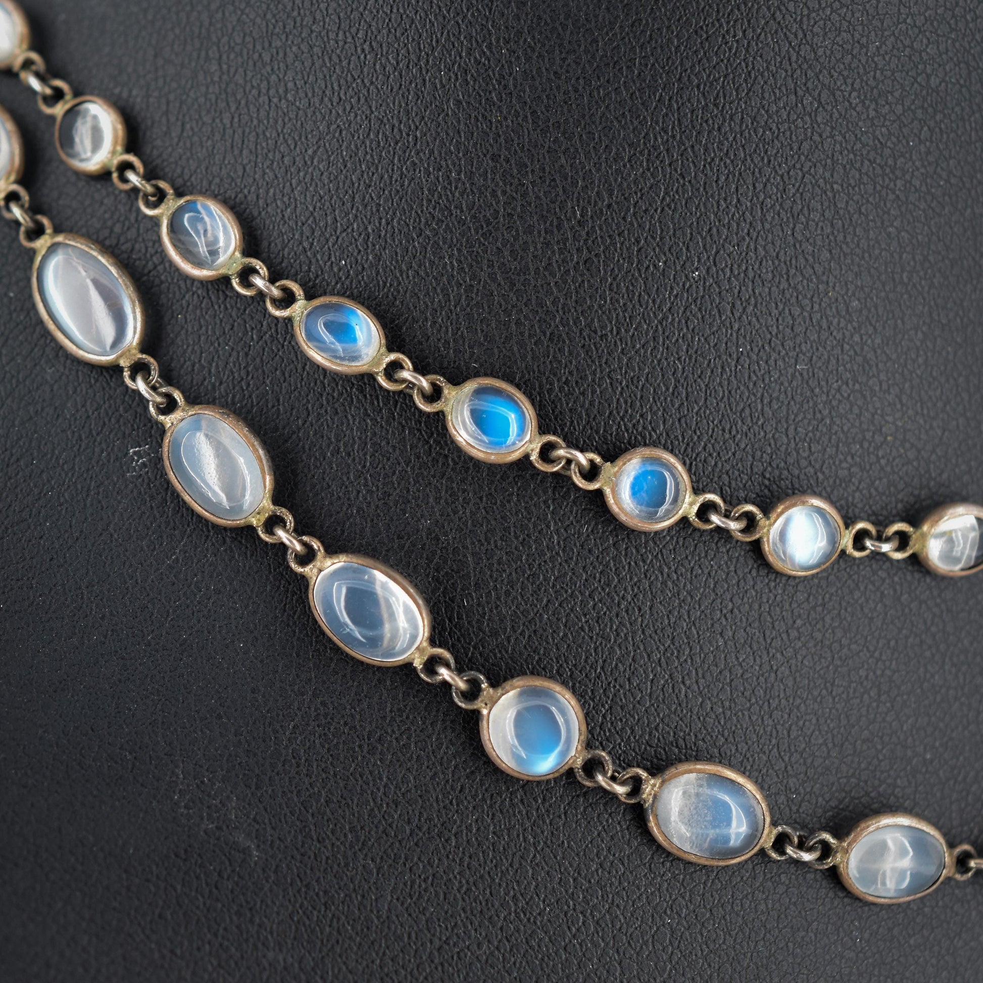 Antique Moonstone Silver 28" Long Chain Necklace | Edwardian