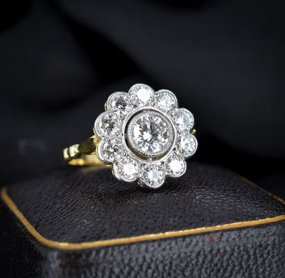 1.85ct Diamond Daisy Cluster Halo 18ct Gold and Platinum Ring | Antique Style