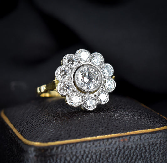 1.85ct Diamond Daisy Cluster Halo 18ct Gold and Platinum Ring | Antique Style