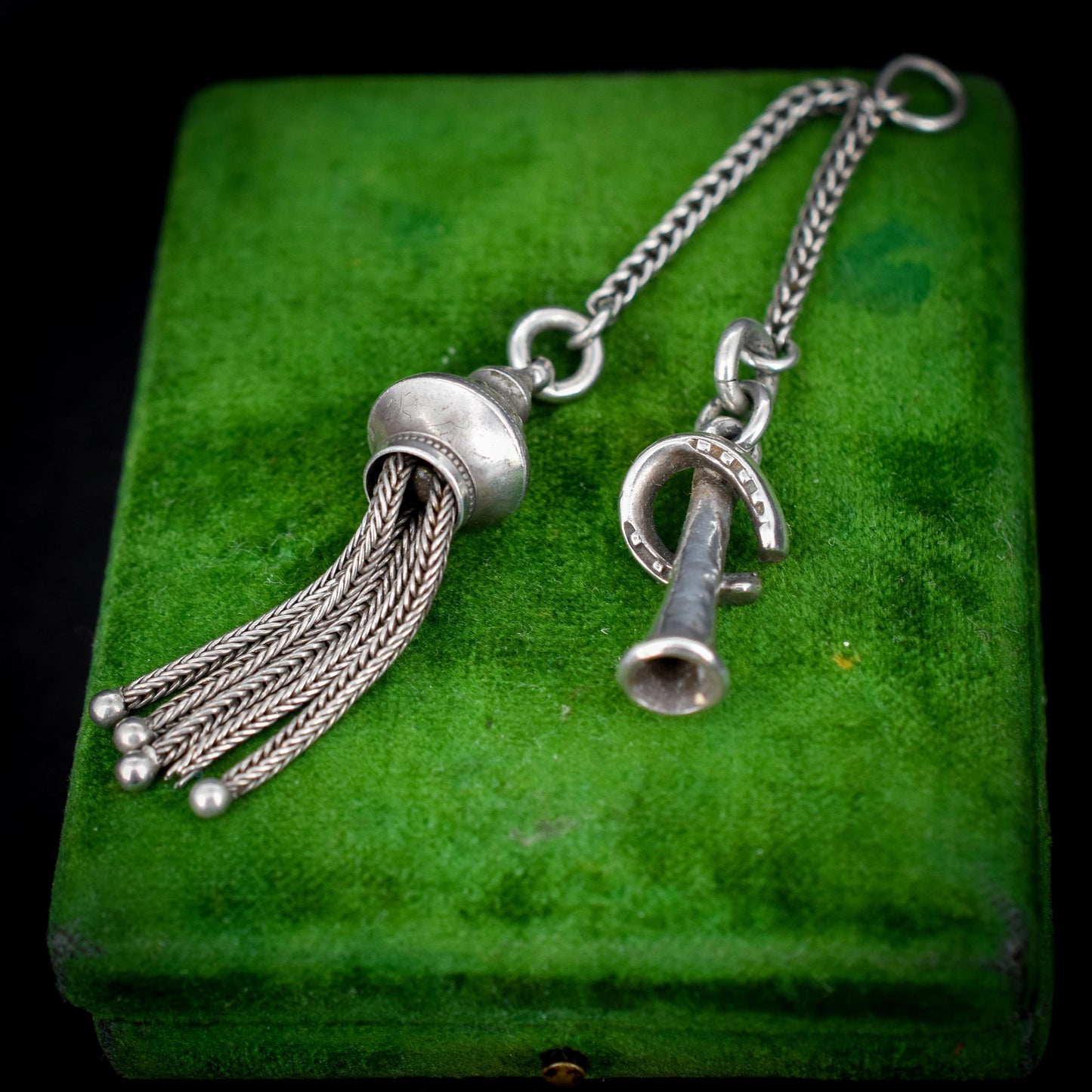 Antique Silver Tassel and Horseshoe Horn Charm Pendant - Victorian