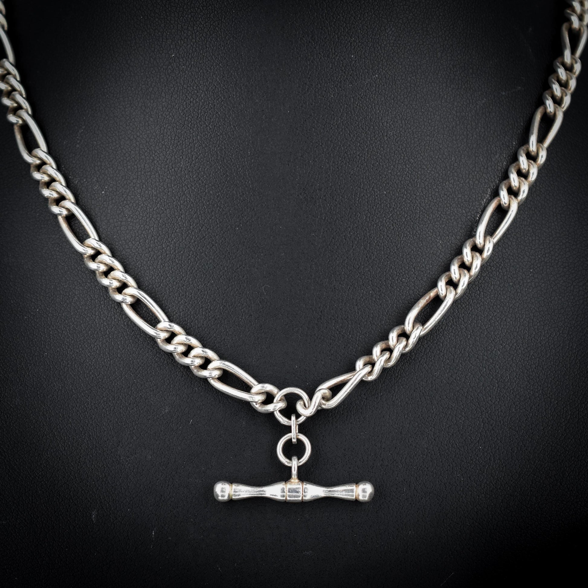 Vintage Sterling Silver Figaro Watch Chain Necklace with Dog Clip and T Bar | 18"