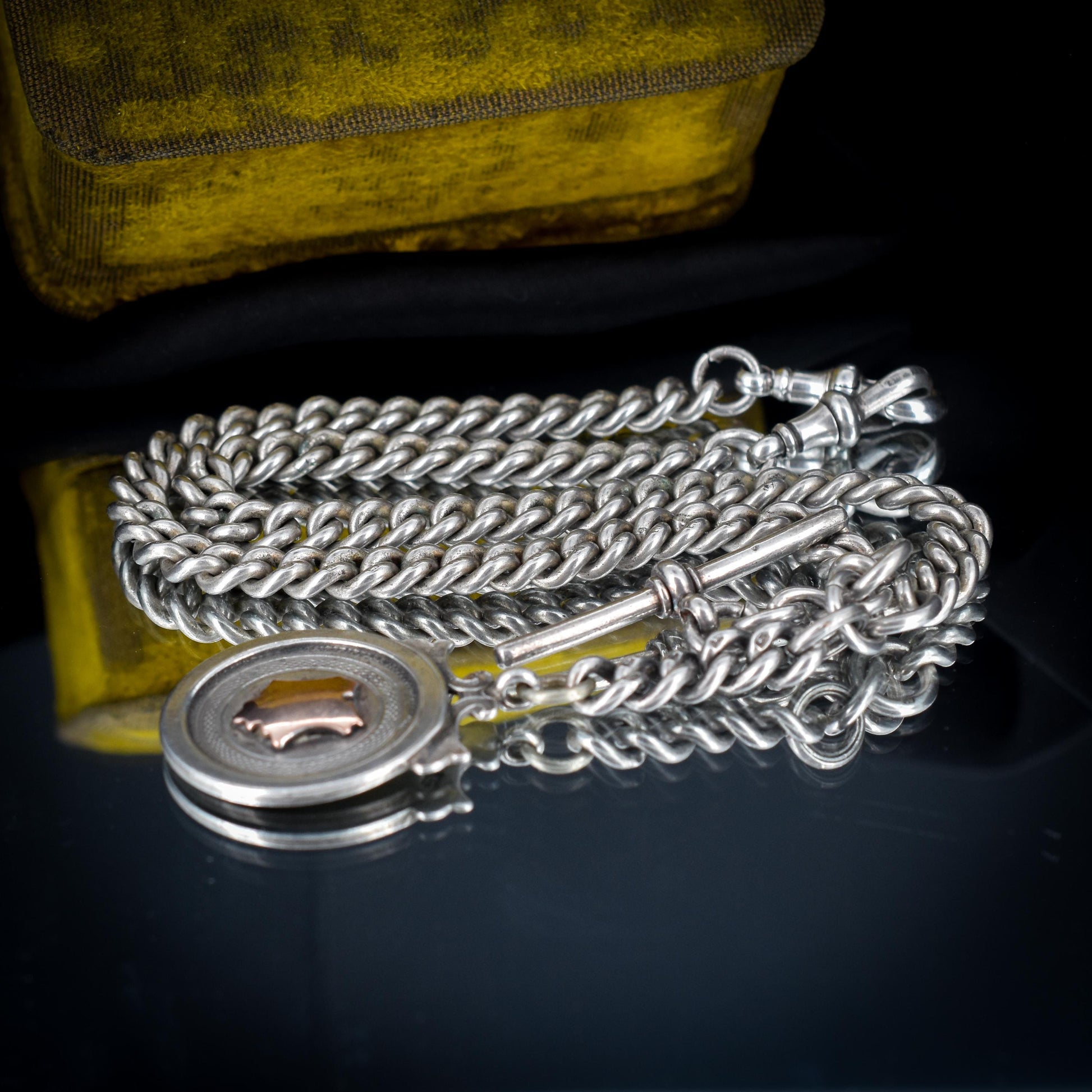 Antique Sterling Silver Curb Link Albert Watch Chain Necklace with T-Bar, Medal, and Dog Clip – 16"