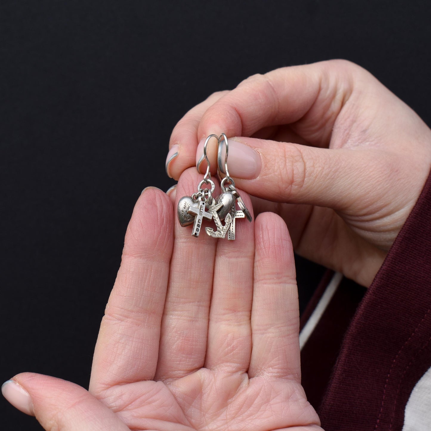 Antique Silver Trio of Charms Faith Hope Charity Drop Earrings