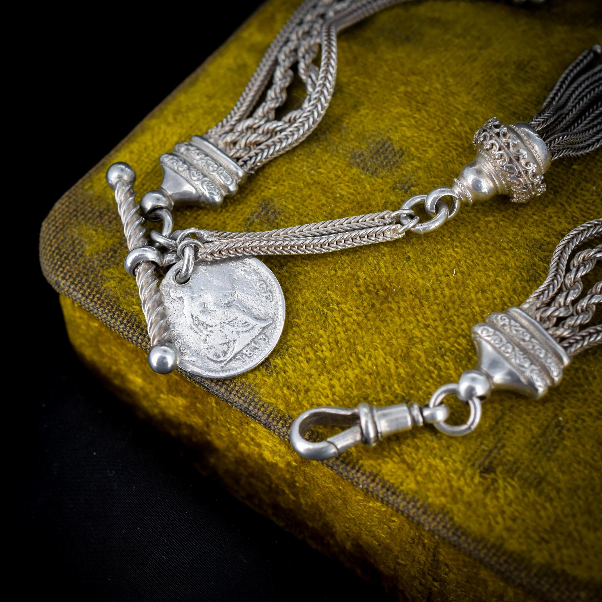 Antique Silver Multi-Strand Albertina Albert Chain Bracelet with Tassel