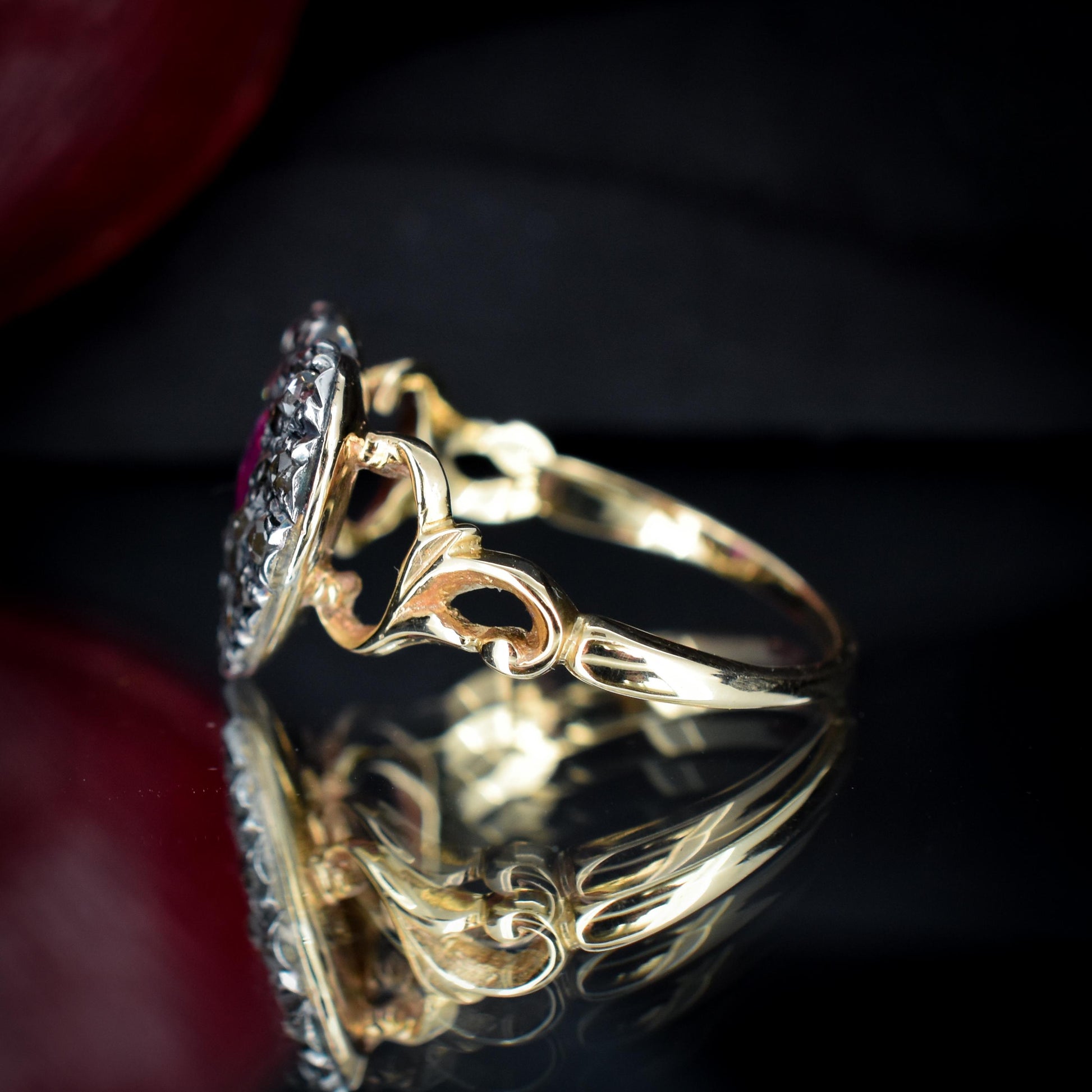 Ruby and Rose cut Diamond Heart 18ct Gold Ring | Antique Style