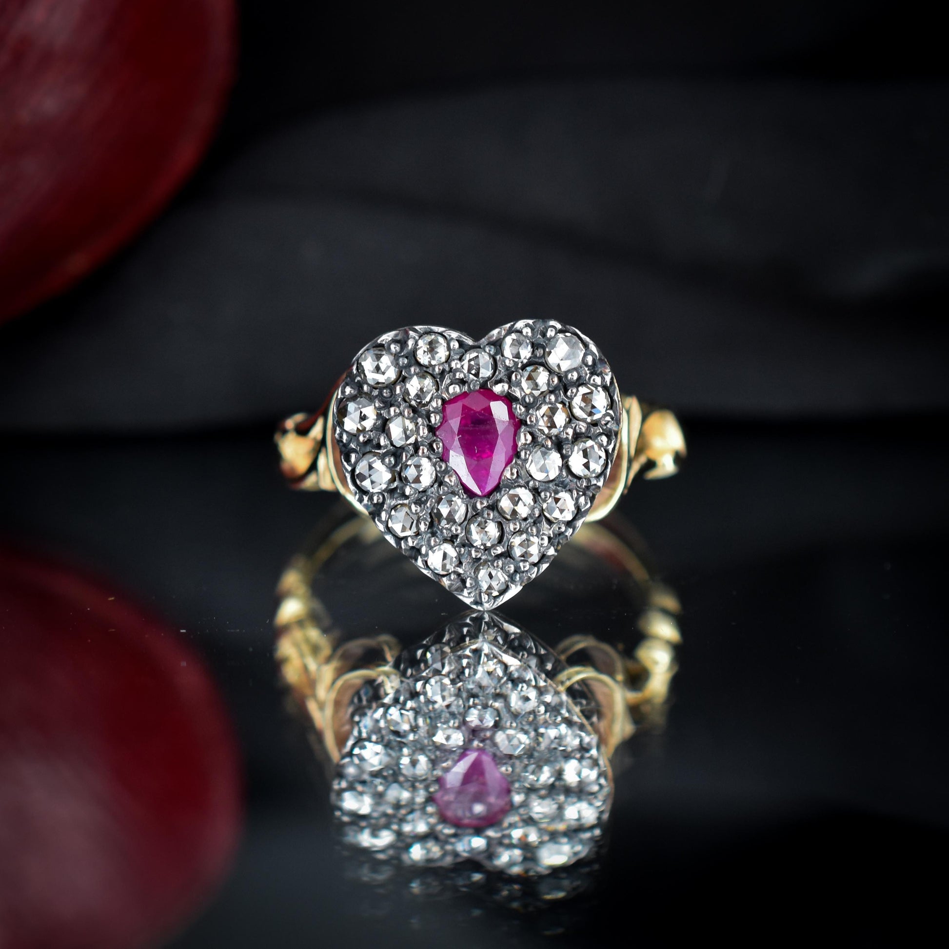 Ruby and Rose cut Diamond Heart 18ct Gold Ring | Antique Style