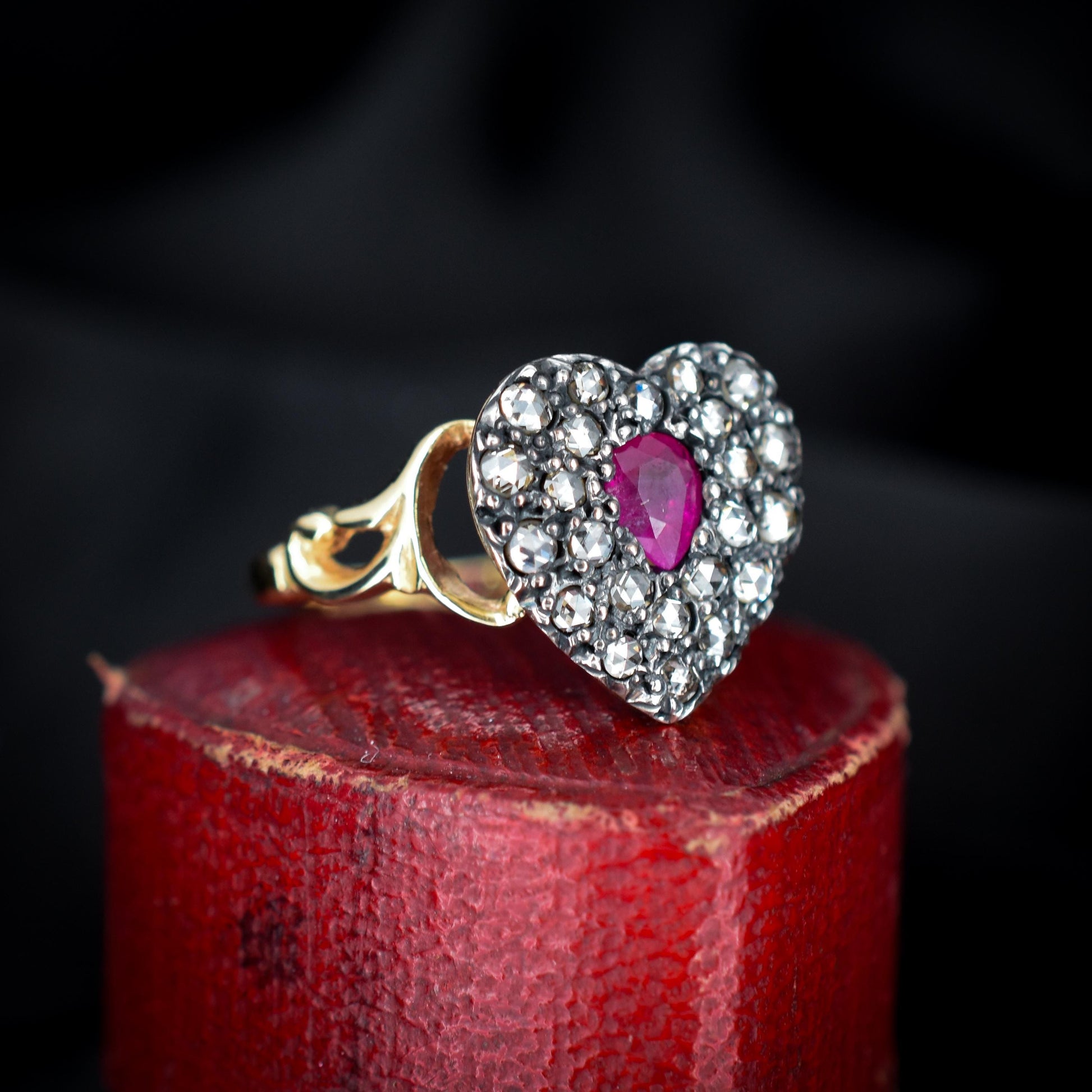 Ruby and Rose cut Diamond Heart 18ct Gold Ring | Antique Style