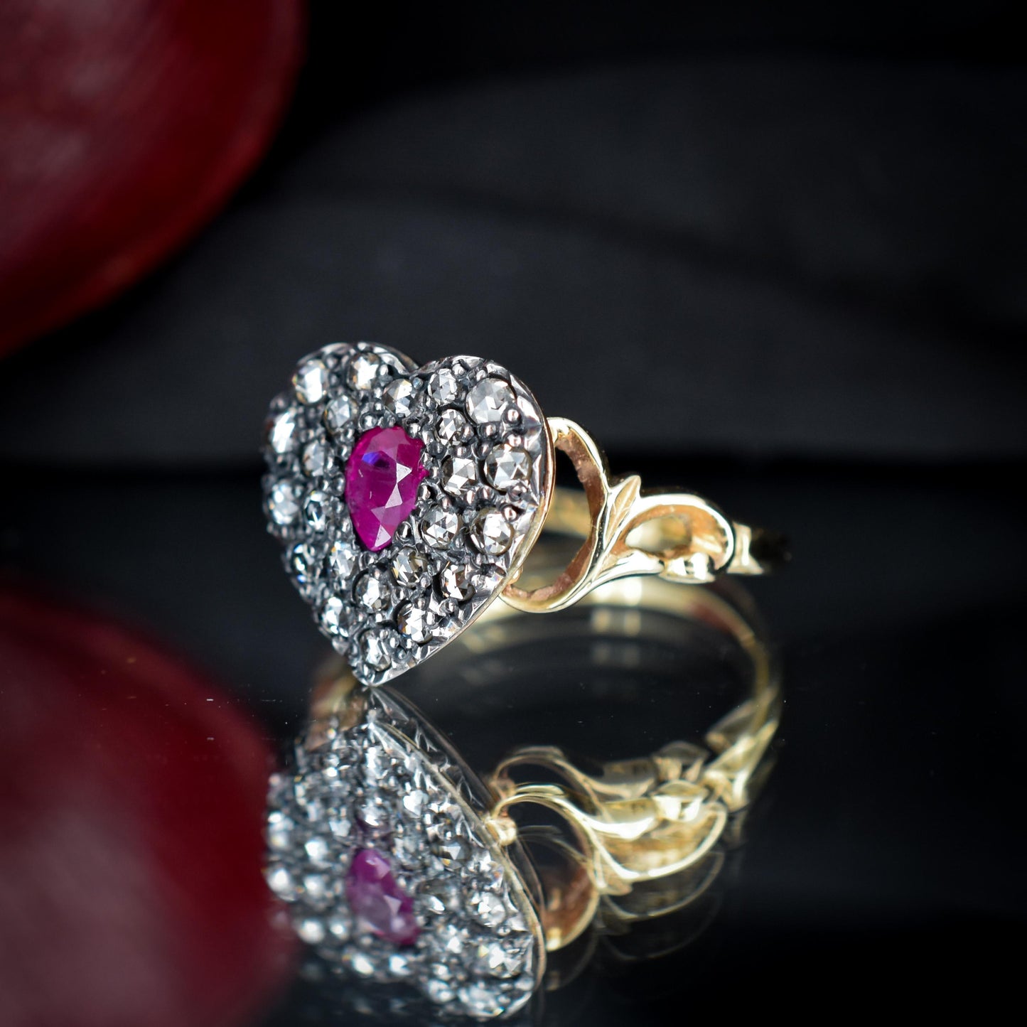 Ruby and Rose cut Diamond Heart 18ct Gold Ring | Antique Style