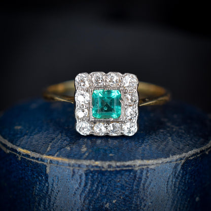 Antique Emerald and Diamond Square Cluster Halo 18ct Gold Ring