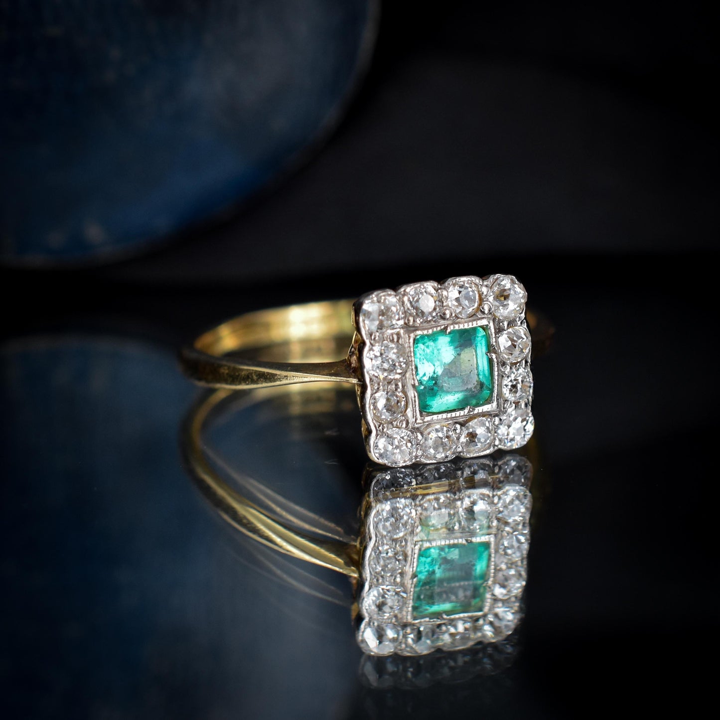 Antique Emerald and Diamond Square Cluster Halo 18ct Gold Ring