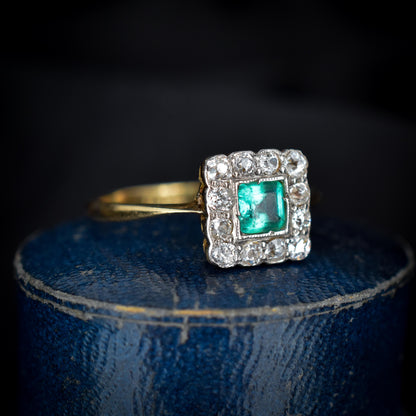 Antique Emerald and Diamond Square Cluster Halo 18ct Gold Ring