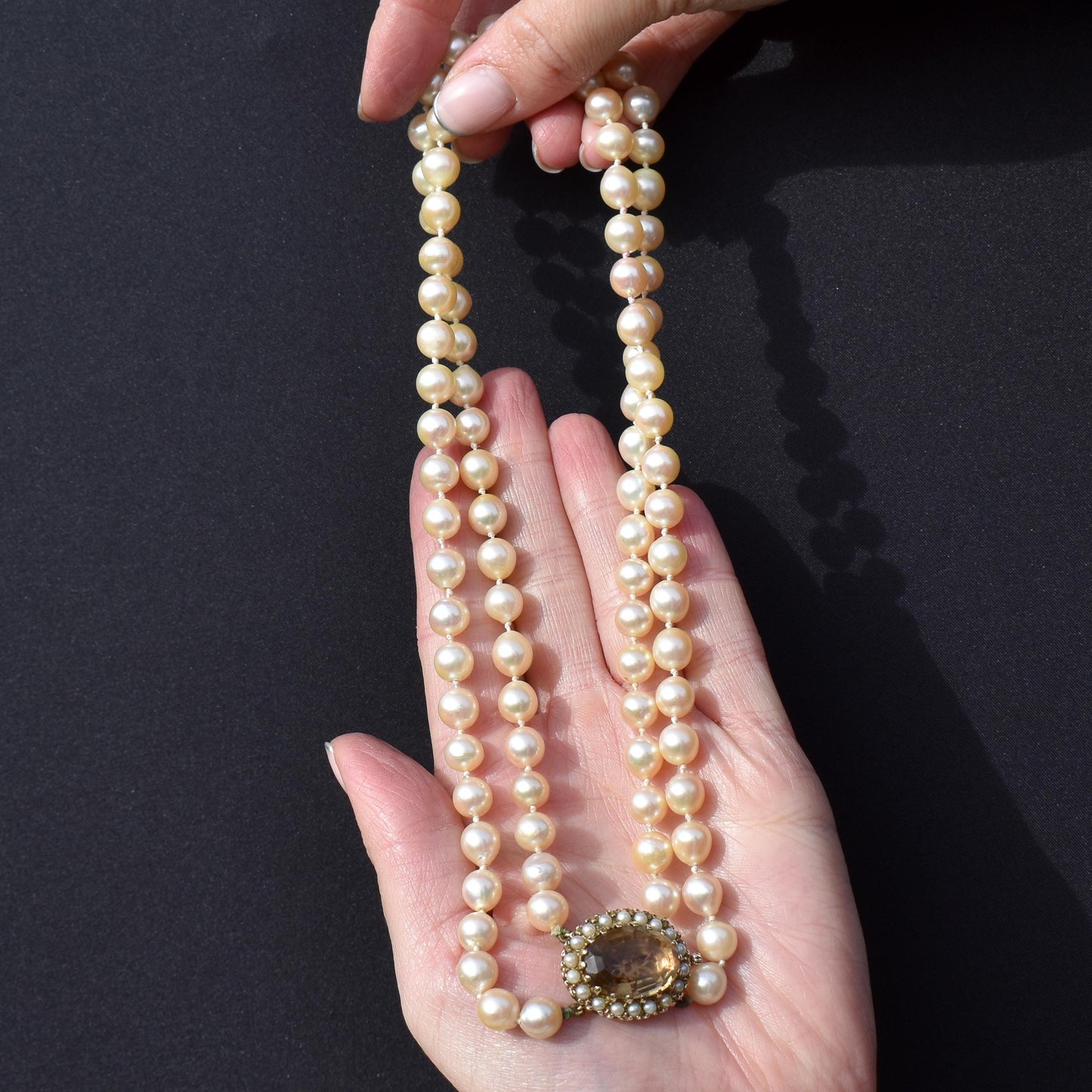 Vintage Multi Strand Pearl 9ct Gold Citrine Double Strand Beaded Necklace