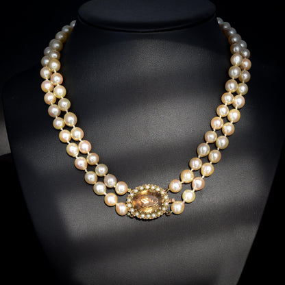 Vintage Multi Strand Pearl 9ct Gold Citrine Double Strand Beaded Necklace