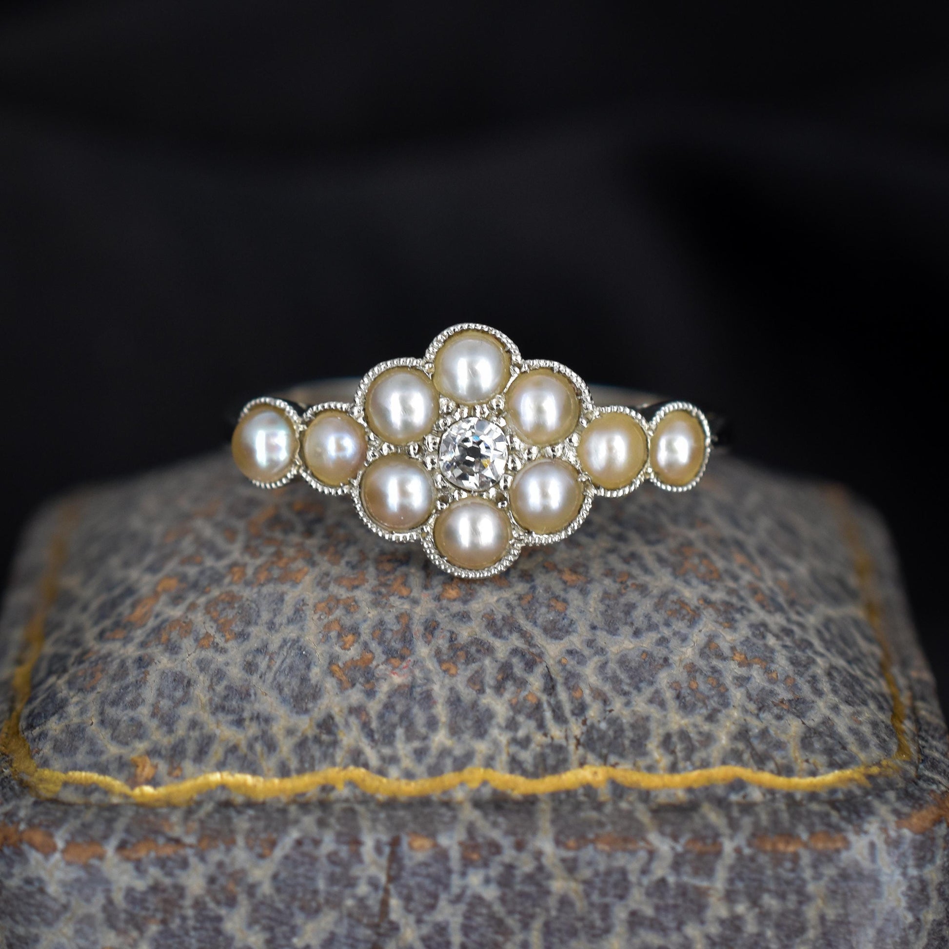 Antique Edwardian Pearl and Old Cut Diamond 18ct White Gold Ring