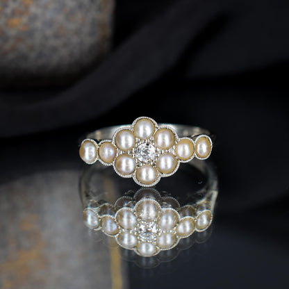 Antique Edwardian Pearl and Old Cut Diamond 18ct White Gold Ring