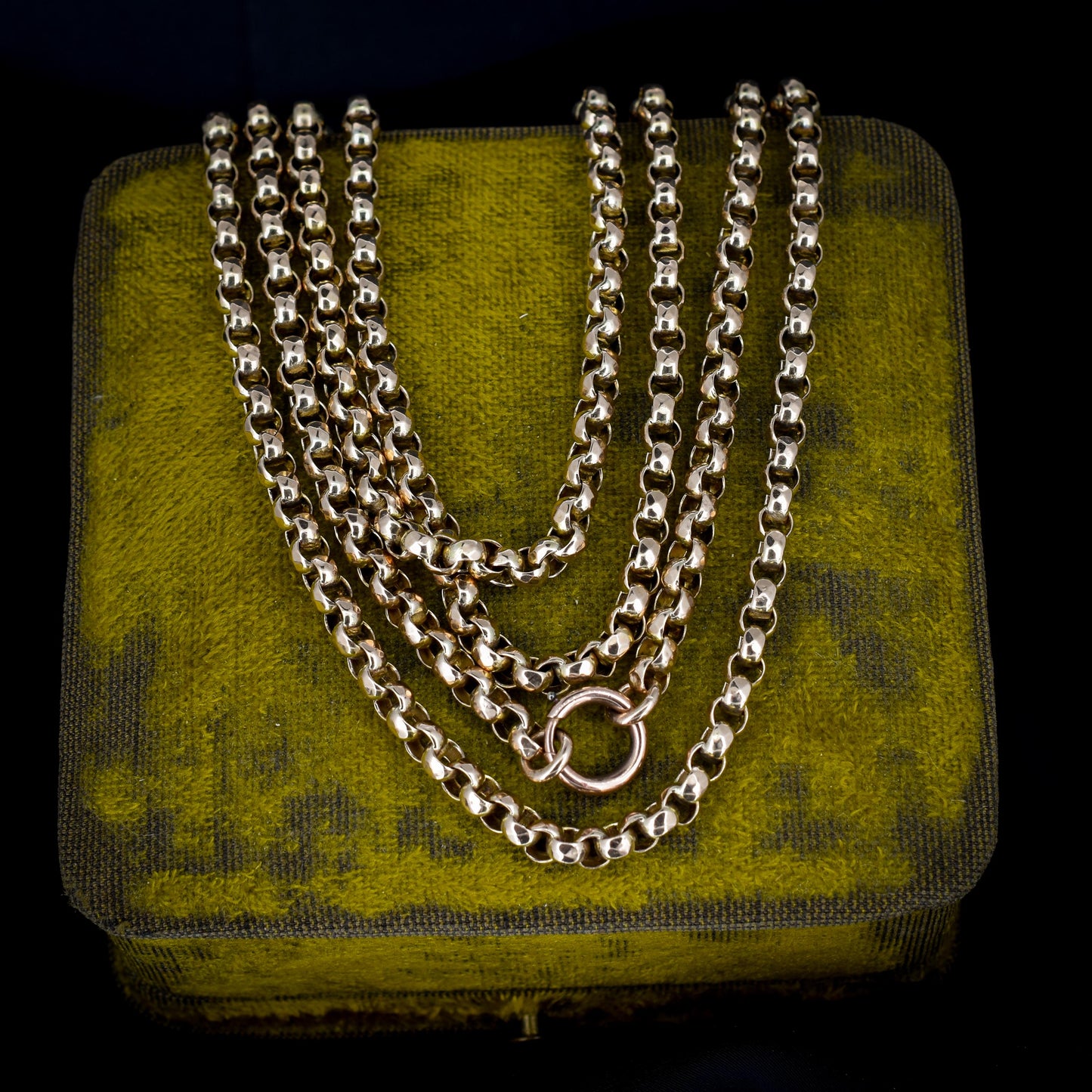 Antique Victorian 9ct Gold Faceted Belcher Guard Muff Chain Necklace | 43" Length with Bolt Ring