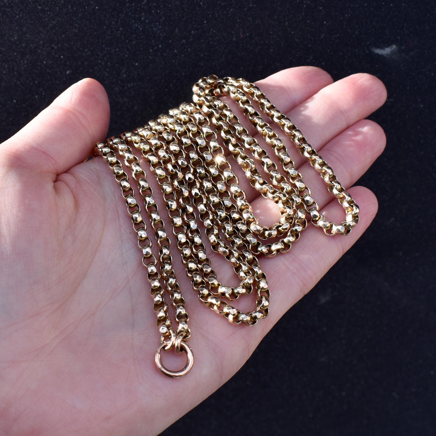 Antique Victorian 9ct Gold Faceted Belcher Guard Muff Chain Necklace | 43" Length with Bolt Ring