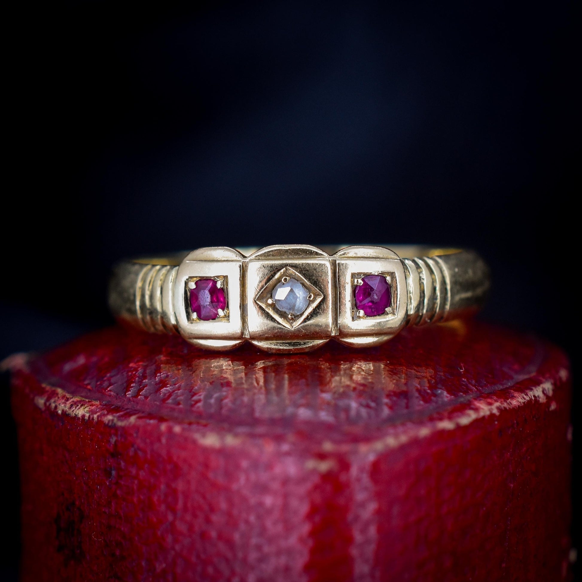 Vintage Ruby and Diamond 18ct Yellow Gold Three Stone Ring