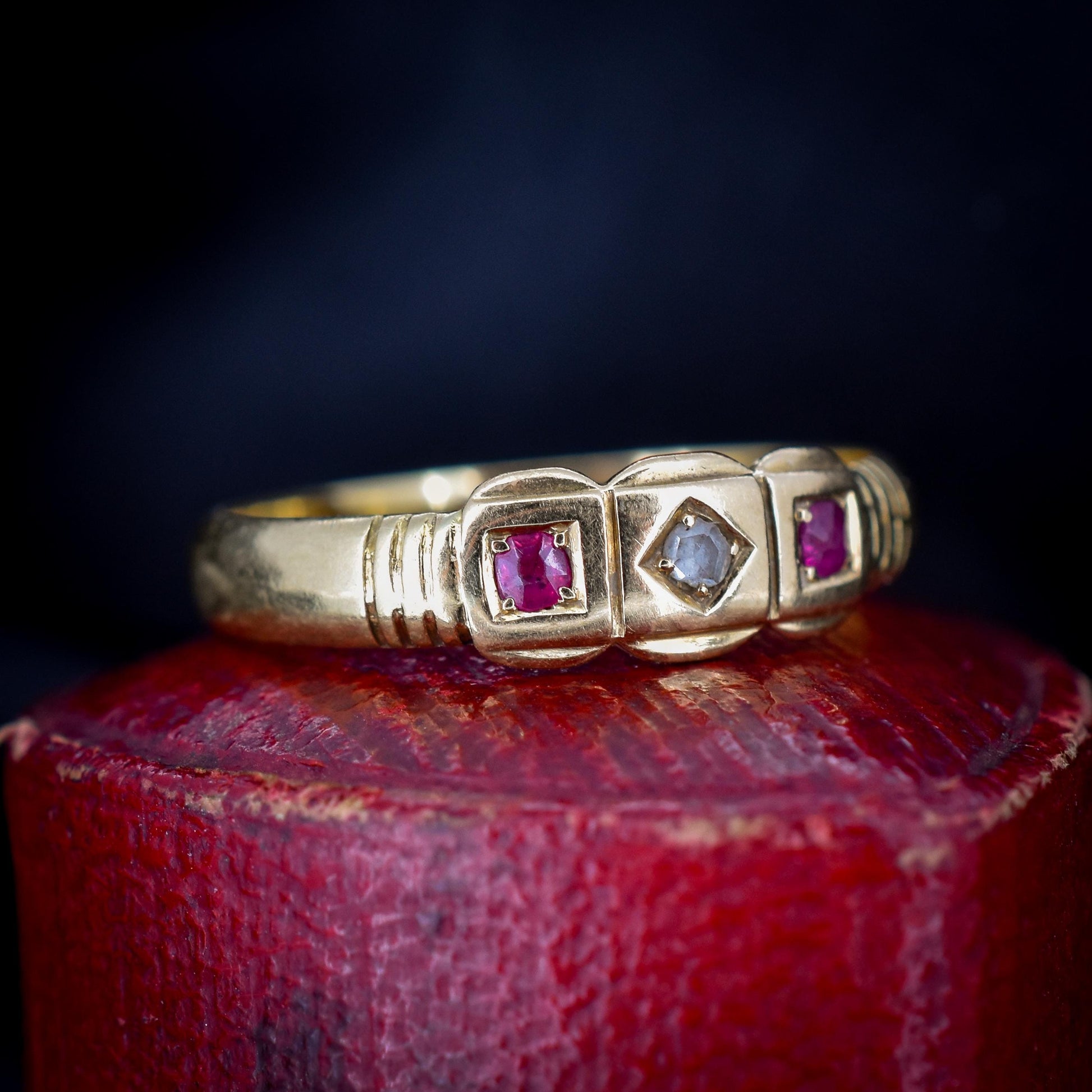 Vintage Ruby and Diamond 18ct Yellow Gold Three Stone Ring