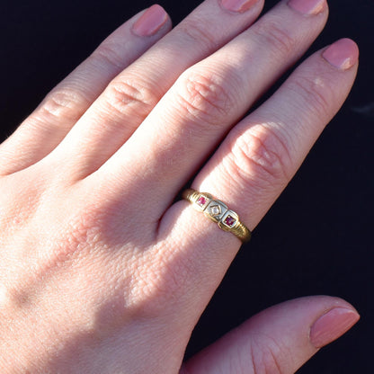 Vintage Ruby and Diamond 18ct Yellow Gold Three Stone Ring