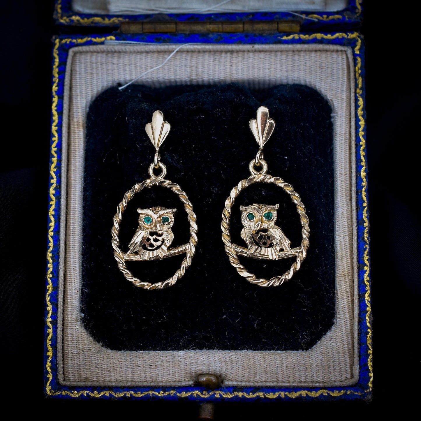 Vintage Owl Emerald 9ct Yellow Gold Drop Earrings