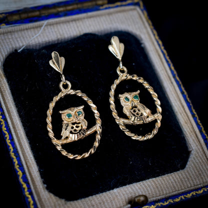 Vintage Owl Emerald 9ct Yellow Gold Drop Earrings