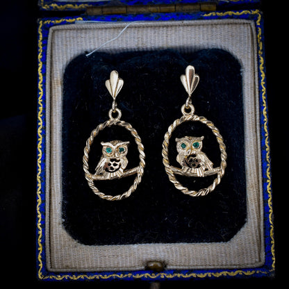 Vintage Owl Emerald 9ct Yellow Gold Drop Earrings