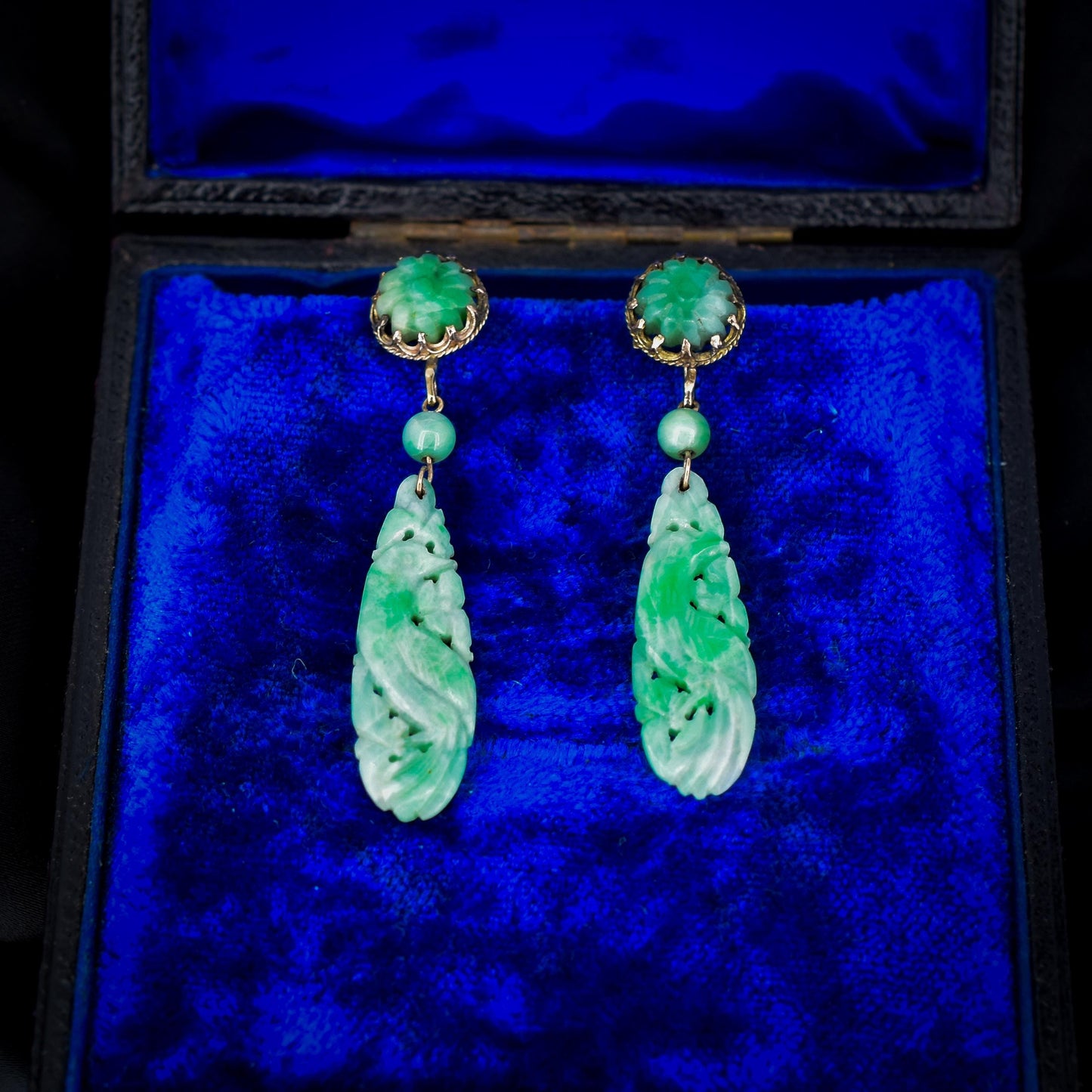 Art Deco 9ct Gold Carved Green Jade Floral Bird Earrings | Antique