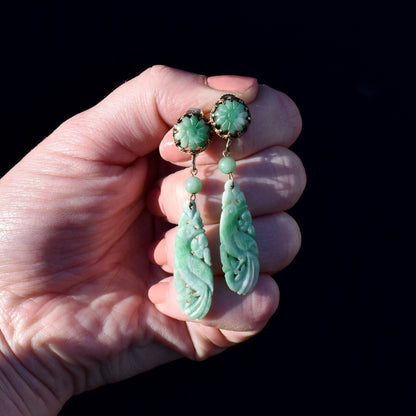 Art Deco 9ct Gold Carved Green Jade Floral Bird Earrings | Antique