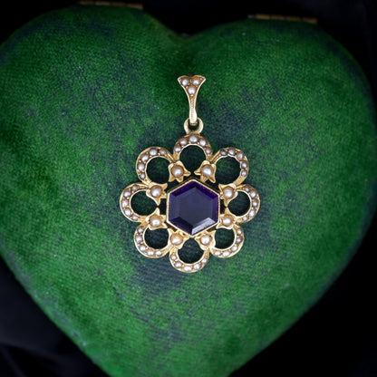 Antique 15ct Gold Amethyst and Pearl Flower Pendant